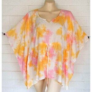 New Sacred Threads One Size Rose Tie-Dye Pullover Rayon Kaftan Poncho Top
